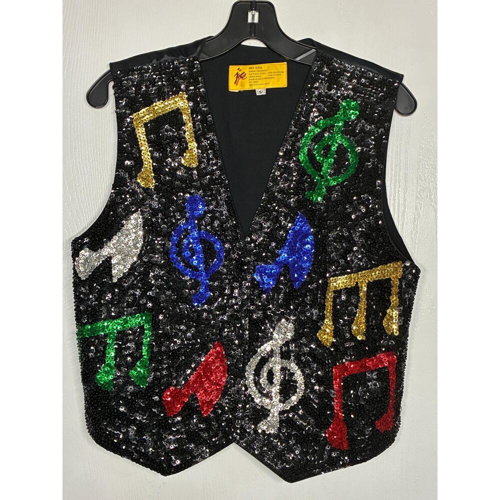 Vintage Black Sequin Music Note Vest | Small | Snap Front Adjustable Back